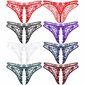 Men's Embroidery Briefs See Through Crotchless Bikini Thong Panties Underwear - Picture 1 of 34