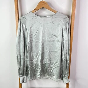 Witchery Top Womens 10 Silver Satin Long Sleeve Smocked Cuff Shoulder Round Neck - Picture 1 of 12