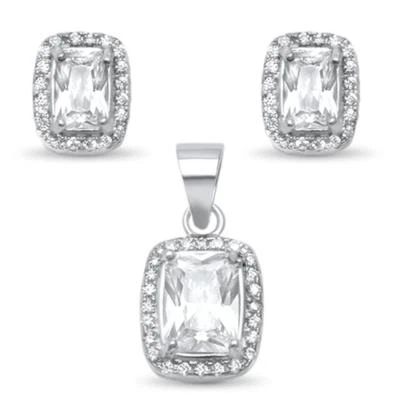 Radiant Cubic Zirconia Halo .925 Sterling Silver Earring and Pendant Set - Image 1 of 2