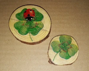 2 Holzscheiben Deko Scheibe Glücksbringer Klee Marienkäfer Unikat Glück Geschenk - Bild 1 von 1