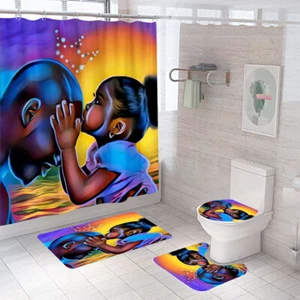 African Girl Shower Curtain Bathroom Rug Set Bath Mat Non-Slip Toilet Lid Cover - Picture 1 of 12