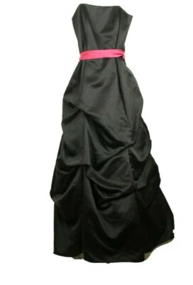 David's Bridal Women's Black Satin Draped With Pink Belt Gown Dress Size 8 - Image 1 of 3