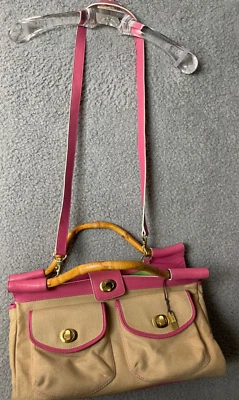 Sigrid Olsen Bolso de Mano Cartera de Lino Cuero Fucsia Borde Bolsillos Asas de Bambú Foto 1 de 4