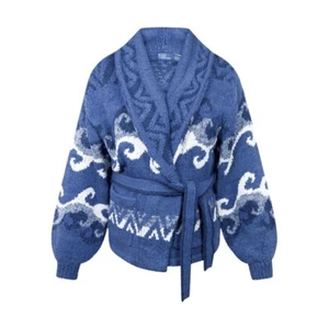 Ralph Lauren Wave Motif Shawl Cardigan Blue WIth Wrap Belt Womens - Picture 1 of 4