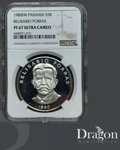 PANAMA 5 BALBOA SILVER PROOF COIN 1980 BELISARIO PORRAS NGC PF67 ULTRA CAMEO🐉 - Picture 1 of 4