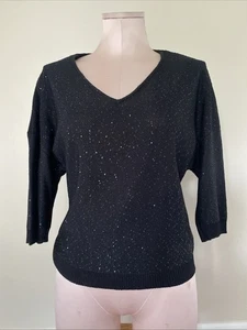 Suéter ST. JOHN Mujer Top S Negro Lentejuelas Manga 3/4 Cuello en V Fiesta Vacaciones Usado en Excelente Condición - Imagen 1 de 18