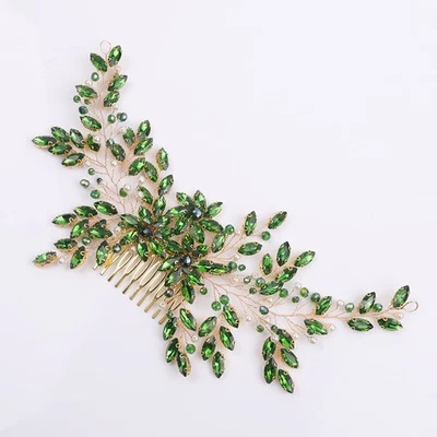 Luxurious Rhinestone Pearl Bridal Hair Comb Green Crystal Headband for Bride - Image 1 of 4