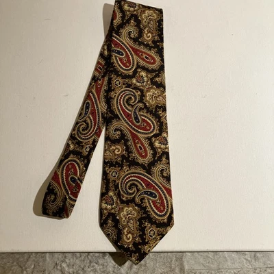 Saks Fifth Avenue Silk Tie Gold Red With Blue Town - Image 1 of 4