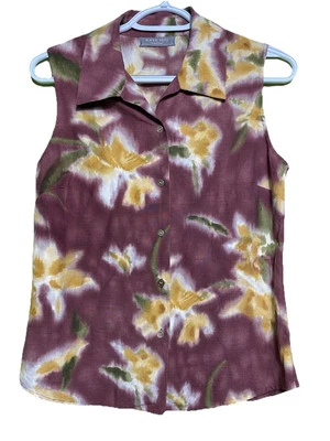 Kate Hill sleeveless Top women small watercolor Button Down Shirt Artsy Floral - Image 1 of 4