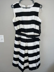 Chetta B 10 Black And White Fit and Flare Belted Dress Sleeveless V-Neck NWT - Picture 1 of 7