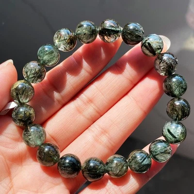 10mm Natural Green Tourmaline Rutilated Quartz Crystal Beads Bracelet 040 - Image 1 of 4