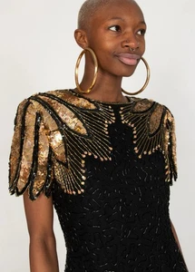 Vintage Sténay 100% Silk Beaded Dress Black Gold Sz 10 Sequins Short Sleeve 80’s - Picture 1 of 7