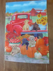 HERBST kleine Outdoor Deko Flagge rot LKW Kürbisse Sonnenblumen Hunde 12 x 17 Zoll - Bild 1 von 2
