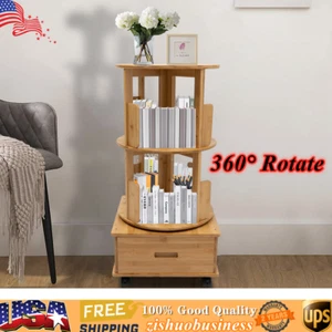 2 Tiers Rotating End Table Chinese Styles Nightstands Bedside Bookcase W/ Wheels - Picture 1 of 15