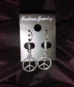 PEACE SYMBOL DANGLE EARRINGS W / SHEPHERD HOOK SILVER - Picture 1 of 3