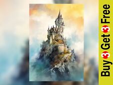Enchanted Cliffside Castle Watercolor Print - Fairytale Wall Art 5" x 7"
