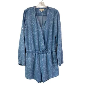 Anthropologie Cloth & Stone Chambray Floral Long Sleeve Faux Wrap Romper Size M - Picture 1 of 12