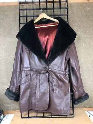 Abrigo de Colección Años 70 Marrón Flecha Cuero Cuidado Grande Forro de Seda Piel Borde Cuello Capucha Foto 1 de 4