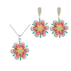 Fashion Flower Drop Earrings Necklace 3 Tone Gold Plated Cz Zirconia Jewelry Set