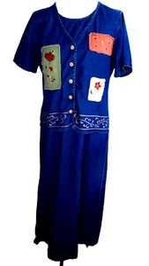 Vtg Women Blue Jean Denim Dress w Faux Coat Short Sleeves Buttons Erica Maxi M - Picture 1 of 9