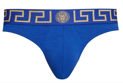 NWT Versace Greca Border Medusa Greek Key Blue Logo Thong Underwear 6 US L $95 - Image 1 of 4