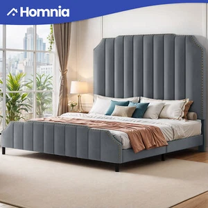 King Size Bed Frame Upholstered Gray Velvet Headboard Platform Strong Support - Picture 1 of 11