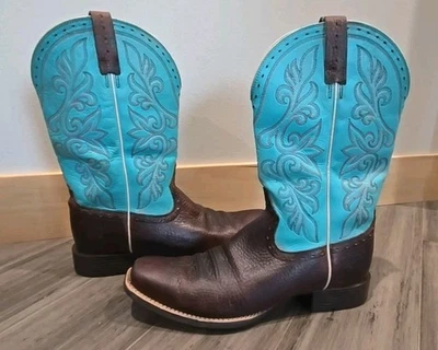 Ariat 10012826 Turquoise Square Toe Leather Western Cowboy Boots Women's 9 B - Image 1 of 4