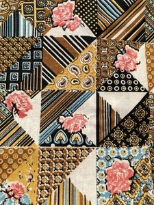 Brown Calico Stripe Triangles Pink Roses on Cream Vintage Cotton Fabric 15"x42"W - Picture 1 of 3