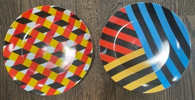 CB2 Modern Geometric Multicolor Red Black Yellow Blue 8” Plates Set Of 12 NEW - Image 1 of 3