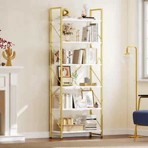 Industrial 6-Tier Gold Bookshelf Rustic Bookcase Display Rack and Storage Shelf - Picture 1 of 9
