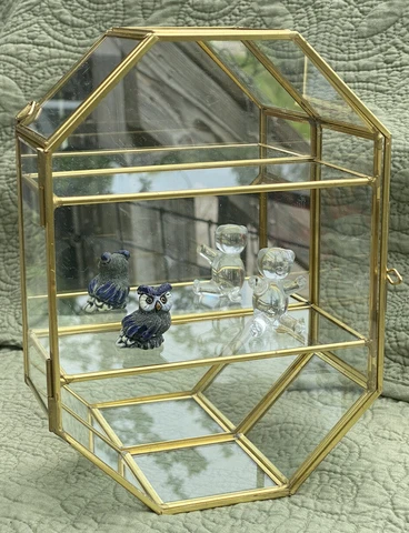 Geometric Mirrored Glass Vitrine & Brass, 2 Shelf Wall Hung Display Cabinet 8” Cover