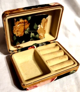 Floral Cloth Covered Jewelry Trinket Travel Box Organizer VTG w Snap-In Bag - Picture 1 of 10