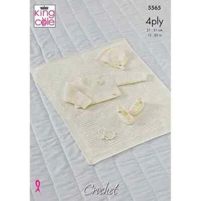 King Cole 4 Ply Crochet Pattern - 5565 Cardigan, Bonnet, Shoes & Blanket - Image 1 of 2