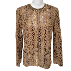 Chaqueta Blazer Alfred Dunner 10 Marrón Piel Sintética Estampado Animal Adornada Cremallera Completa - Imagen 1 de 6