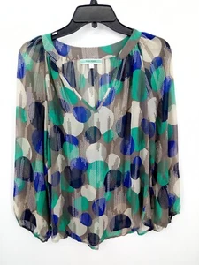 Pleione Anthropologie Top Damen Medium grün blau hellbraun Kreismuster künstlerisch Boho - Bild 1 von 8