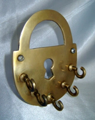 Solid Brass Rustic Keyhole Lock Wall Mount w/ Five Hanging Hooks for Keys - Image 1 of 4