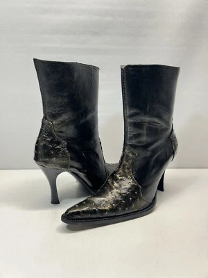 Botas Los Altos Cuero Negro Bronce Tacón Occidental Punta Mujer Mex 26.5 EE. UU. 9.5 Foto 1 de 4
