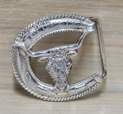 Vintage Silver Long Horn Steer Belt Buckle Made in Mexico - Image 1 of 4