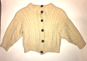 Vintage Irish Cable Knit Baby Sweater w/ Leather Buttons Pure Wool Size: XS