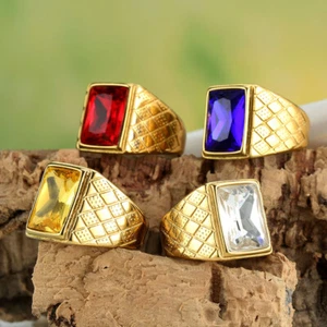 Men Stainless Steel Big Square Stone Ring Rhombus Engraved Wedding Promise Band - Picture 1 of 41