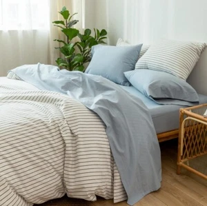 Moomee Bedding Sheet Set 100% Cotton Linen Textured Breathable Durable Soft Blue - Picture 1 of 10