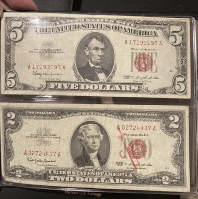 1963 US Red Seal Currency￼ $2 and $5 LARGE Serial # A1…./A02… D6 A2 - Image 1 of 3