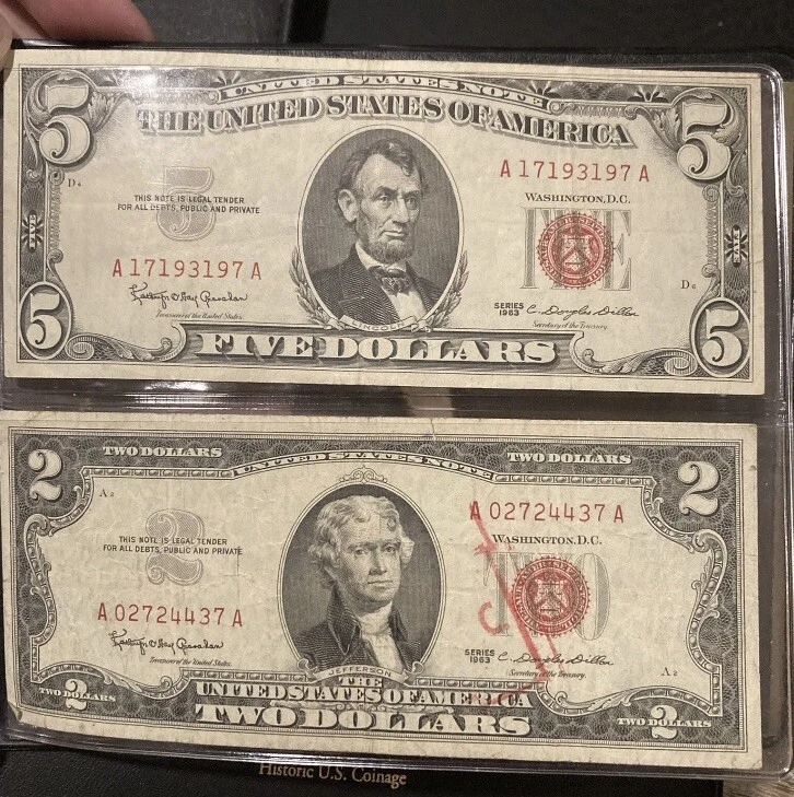 1963 US Red Seal Currency￼ $2 and $5 LARGE Serial # A1…./A02… D6 A2 - Image 1 of 3