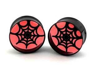 Pair of Black Embedded Spider Web in Red Resin Plugs (EMB-010) gauges - Picture 1 of 2