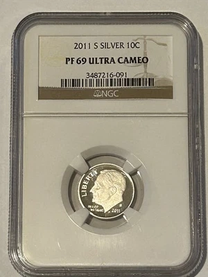 2011 S Silver Roosevelt Dime ,10c , PF 69 Ultra Cameo, Flag Label      @ - Image 1 of 2