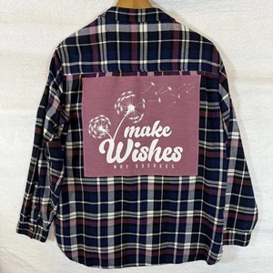 Make Wishes Upcycled Flannel Shirt Back Patch - Momtag Designs Fun Shirt - Picture 1 of 17