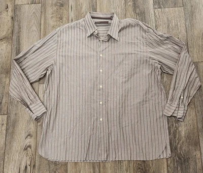 Camisa masculina Perry Ellis tamanho XXL marrom listrada manga longa XXG botão para baixo 2XL - Imagem 1 de 4