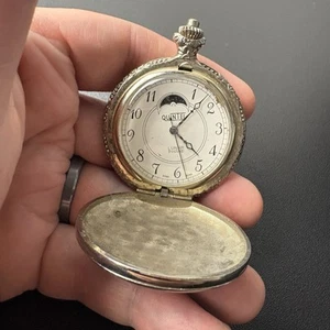 Quintel Moon Phase Pocket Watch Silver Tone BROKEN FOR PARTS OR REPAIR - Picture 1 of 7
