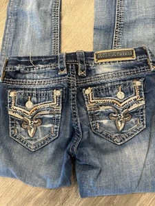 Rock Revival 26x29 DAMAGE Denim Blue Jeans Betty Boot Rhinestone Embellished - Picture 1 of 9