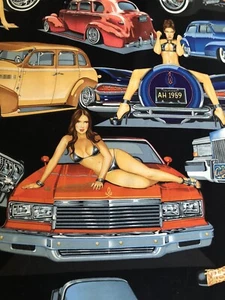 Alexander Henry Pin Up Yd Fabric Sexy Girls Cars Black Low Rider Classic Bikini - Picture 1 of 12